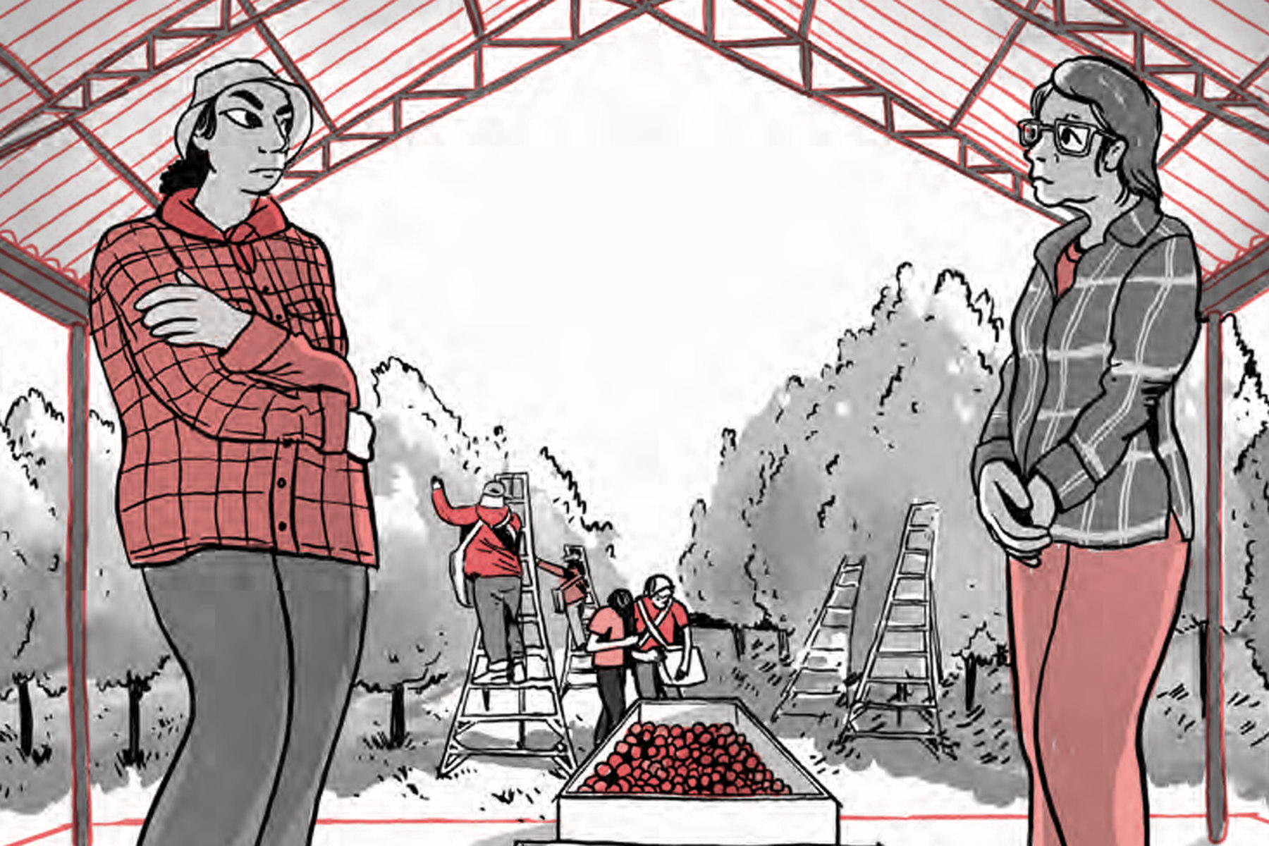 A scene from a comic book showing two people talking in a landscape of farmworkers on a farm.