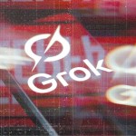 Stylized graphic showing the word “Grok” with a logo over a blurred, glitchy red and black background with streaks and digital distortion effects.