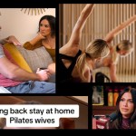 A collage of four images: (top left) a man and woman sitting on a couch having a serious conversation; (top right) two women exercising in a Pilates class; (bottom left) text reading “Bring back stay at home Pilates wives”; (bottom right) a woman speaking into a microphone on a podcast set.