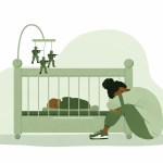An illustration of a mother with head down beside a baby in a crib.