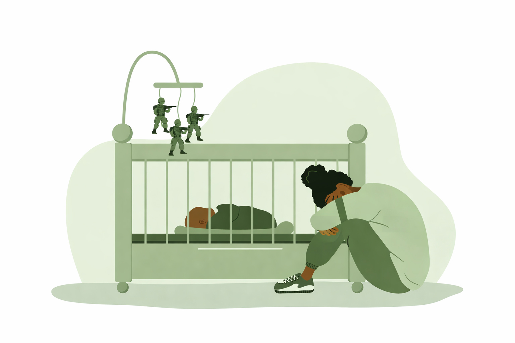 An illustration of a mother with head down beside a baby in a crib.