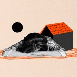 A collage-style illustration shows a woman with her head resting on her folded arms on the ground. Behind her is a small dark house with a bright orange roof, and orange scribble-like lines surround her on the floor.
