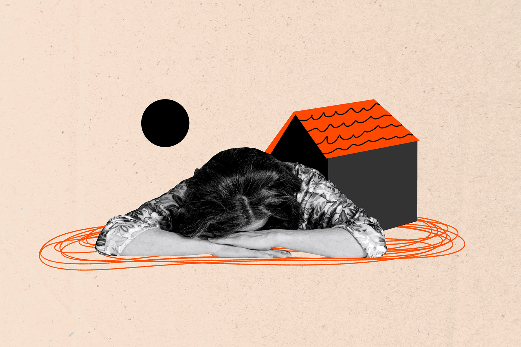 A collage-style illustration shows a woman with her head resting on her folded arms on the ground. Behind her is a small dark house with a bright orange roof, and orange scribble-like lines surround her on the floor.