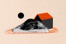 A collage-style illustration shows a woman with her head resting on her folded arms on the ground. Behind her is a small dark house with a bright orange roof, and orange scribble-like lines surround her on the floor.