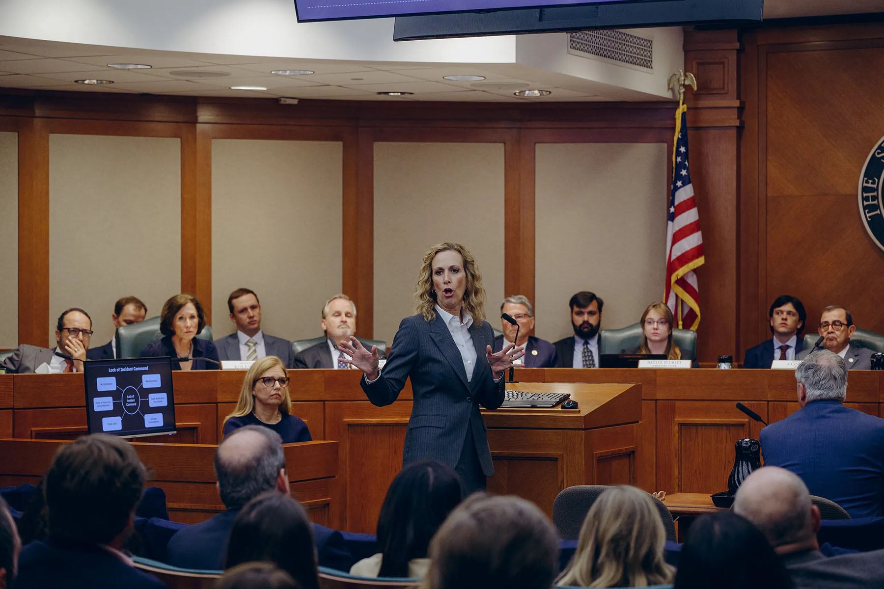 A woman speaks from the center of a committee hearing room, gesturing with both hands as officials sit behind her and audience members watch from the foreground.