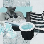 A collage shows a person immersed in a bathtub filled with ice, arms crossed over their chest, alongside vintage-style images of women in a pool. Large ice cubes and a small cold plunge tub are layered in the foreground against a pale blue and white background.