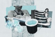 A collage shows a person immersed in a bathtub filled with ice, arms crossed over their chest, alongside vintage-style images of women in a pool. Large ice cubes and a small cold plunge tub are layered in the foreground against a pale blue and white background.
