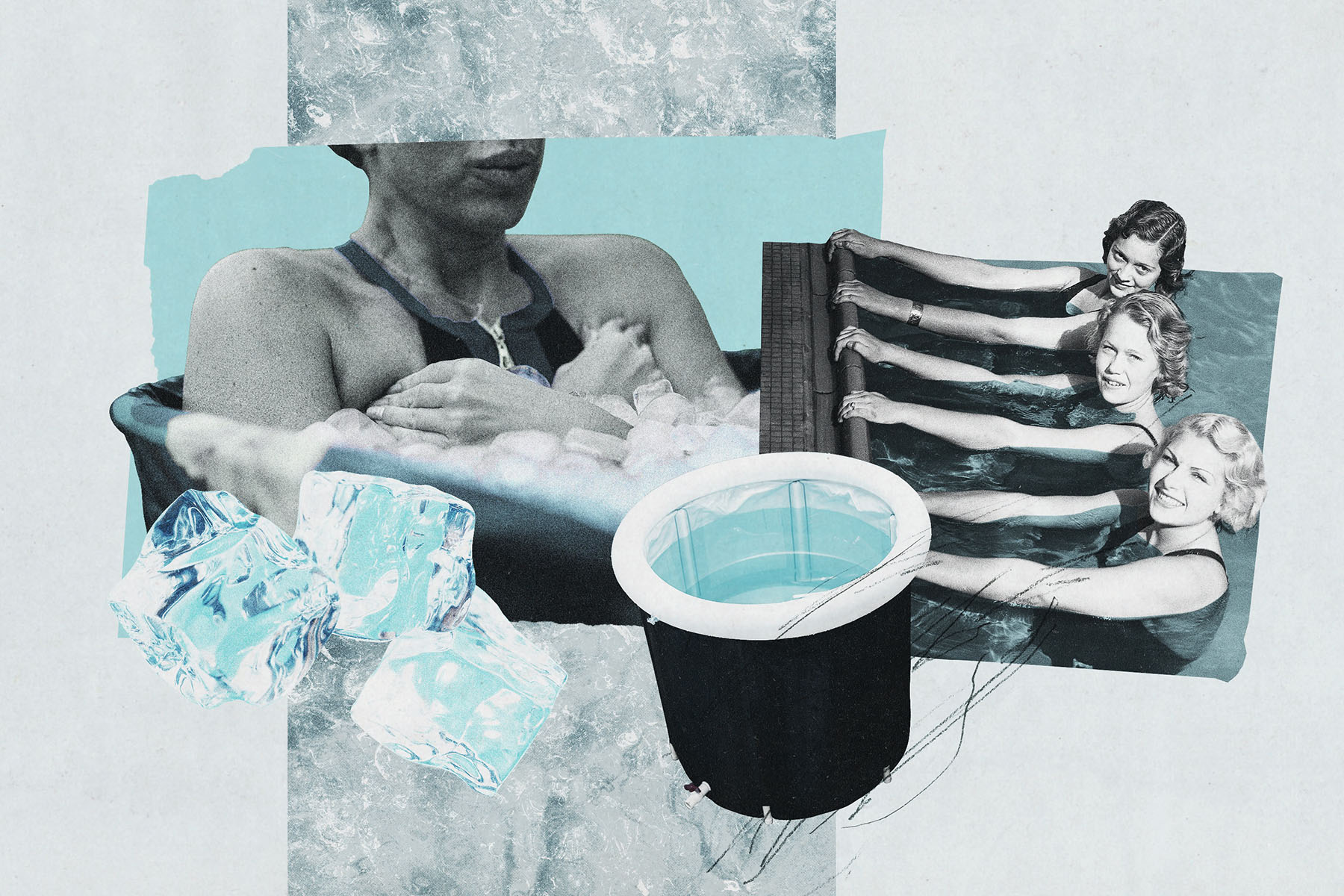 A collage shows a person immersed in a bathtub filled with ice, arms crossed over their chest, alongside vintage-style images of women in a pool. Large ice cubes and a small cold plunge tub are layered in the foreground against a pale blue and white background.