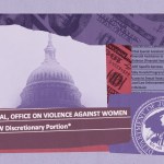 A collage featuring the Capitol, U.S. currency, and a Department of Justice seal layered with text reading “Total, Office on Violence Against Women” and “OVW Discretionary Portion.”