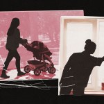 A collage shows silhouetted figures of caregivers at work: on the left, a person pushes a stroller outdoors, tinted in pink; on the right, a person reaches up to clean a window indoors. The images are layered with paper textures and graphic lines against a black background.