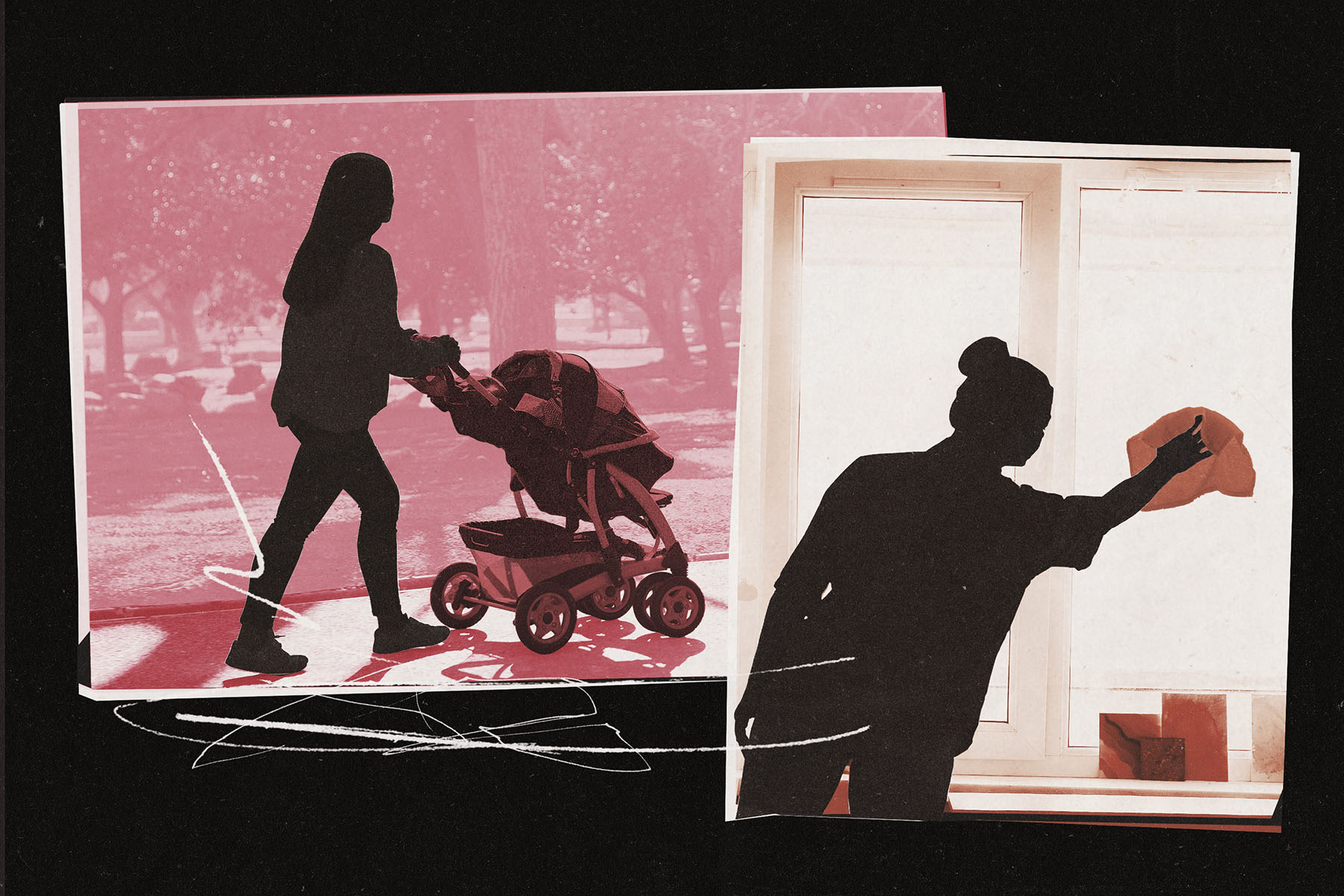 A collage shows silhouetted figures of caregivers at work: on the left, a person pushes a stroller outdoors, tinted in pink; on the right, a person reaches up to clean a window indoors. The images are layered with paper textures and graphic lines against a black background.