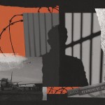 A collaged illustration features a silhouetted figure behind vertical bars, a passenger airplane on a runway, barbed wire motifs and a partial “permanent resident” card.