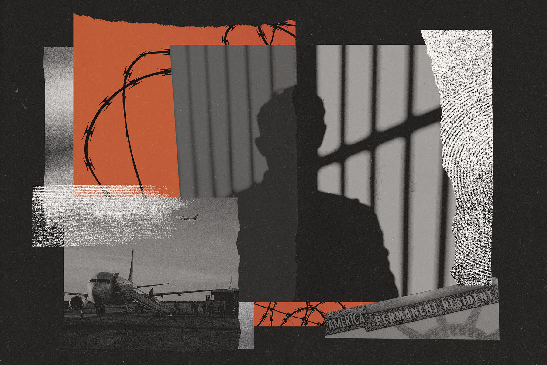 A collaged illustration features a silhouetted figure behind vertical bars, a passenger airplane on a runway, barbed wire motifs and a partial “permanent resident” card.