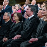From left, Chief Justice John Roberts, Justice Elena Kagan, Justice Brett Kavanaugh and Justice Amy Coney Barrett listen as President Trump delivers the State of the Union address.