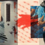 A layered collage combines a close-up of a heavy door with a narrow window, seated people in a blue prison uniform with hands clasped, partially tinted red. The composition is overlaid with abstract red smears and black scribbles.