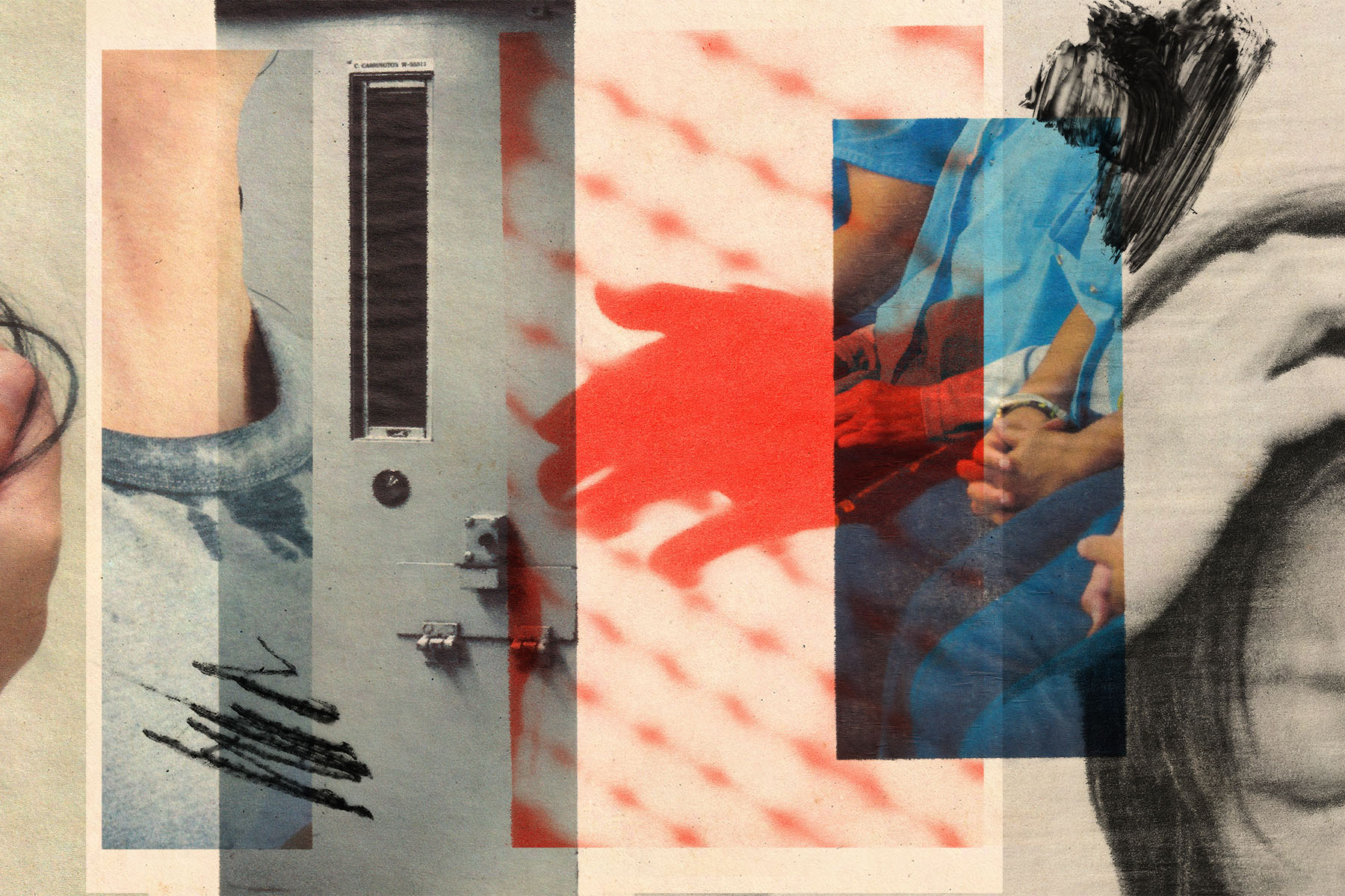 A layered collage combines a close-up of a heavy door with a narrow window, seated people in a blue prison uniform with hands clasped, partially tinted red. The composition is overlaid with abstract red smears and black scribbles.