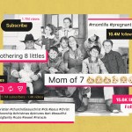 A black and white family portrait of influencer Hannah “BallerinaFarm” Neeleman is layered with bright social media graphics, including “Subscribe,” follower and like counts, motherhood hashtags, and profile text like “Mom of 7” and “Mothering 8 littles.”