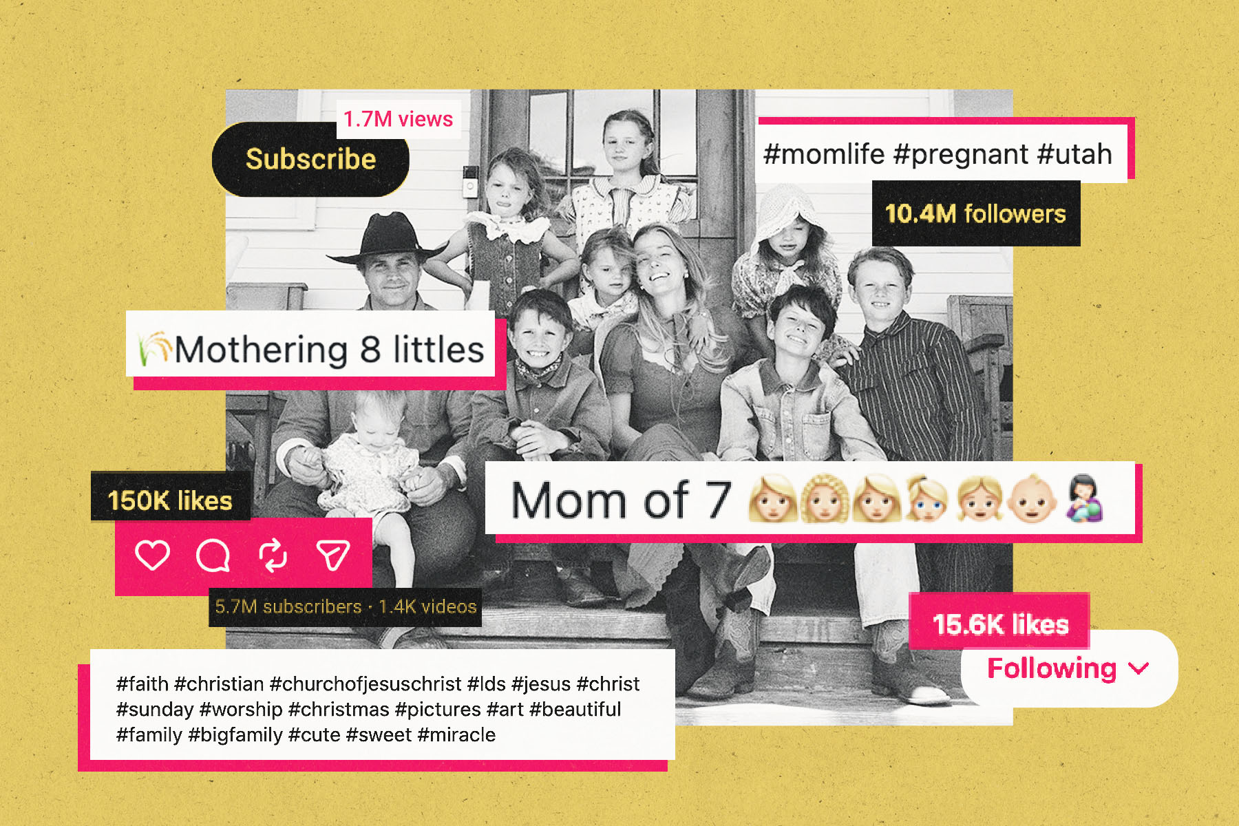 A black and white family portrait of influencer Hannah “BallerinaFarm” Neeleman is layered with bright social media graphics, including “Subscribe,” follower and like counts, motherhood hashtags, and profile text like “Mom of 7” and “Mothering 8 littles.”
