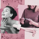 Collage illustration in pink and grayscale showing a smiling woman applying skincare on the left and another person holding a syringe-like injector pen on the right, surrounded by medical imagery including a vial, syringe, dropper and abstract molecular diagrams.