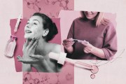 Collage illustration in pink and grayscale showing a smiling woman applying skincare on the left and another person holding a syringe-like injector pen on the right, surrounded by medical imagery including a vial, syringe, dropper and abstract molecular diagrams.