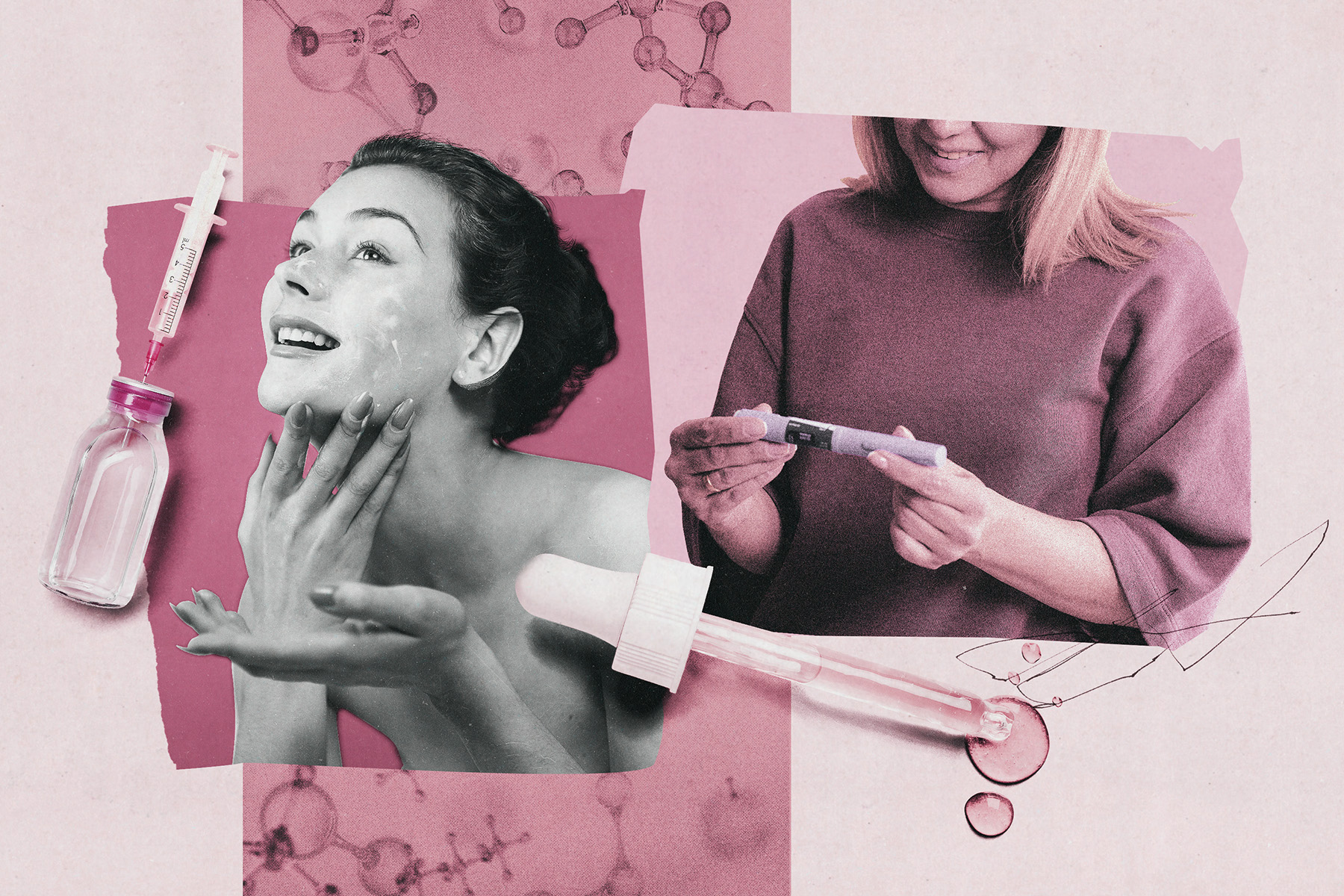 Collage illustration in pink and grayscale showing a smiling woman applying skincare on the left and another person holding a syringe-like injector pen on the right, surrounded by medical imagery including a vial, syringe, dropper and abstract molecular diagrams.
