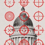 Black and white image of a domed government building, with multiple red target symbols overlaid across the frame.