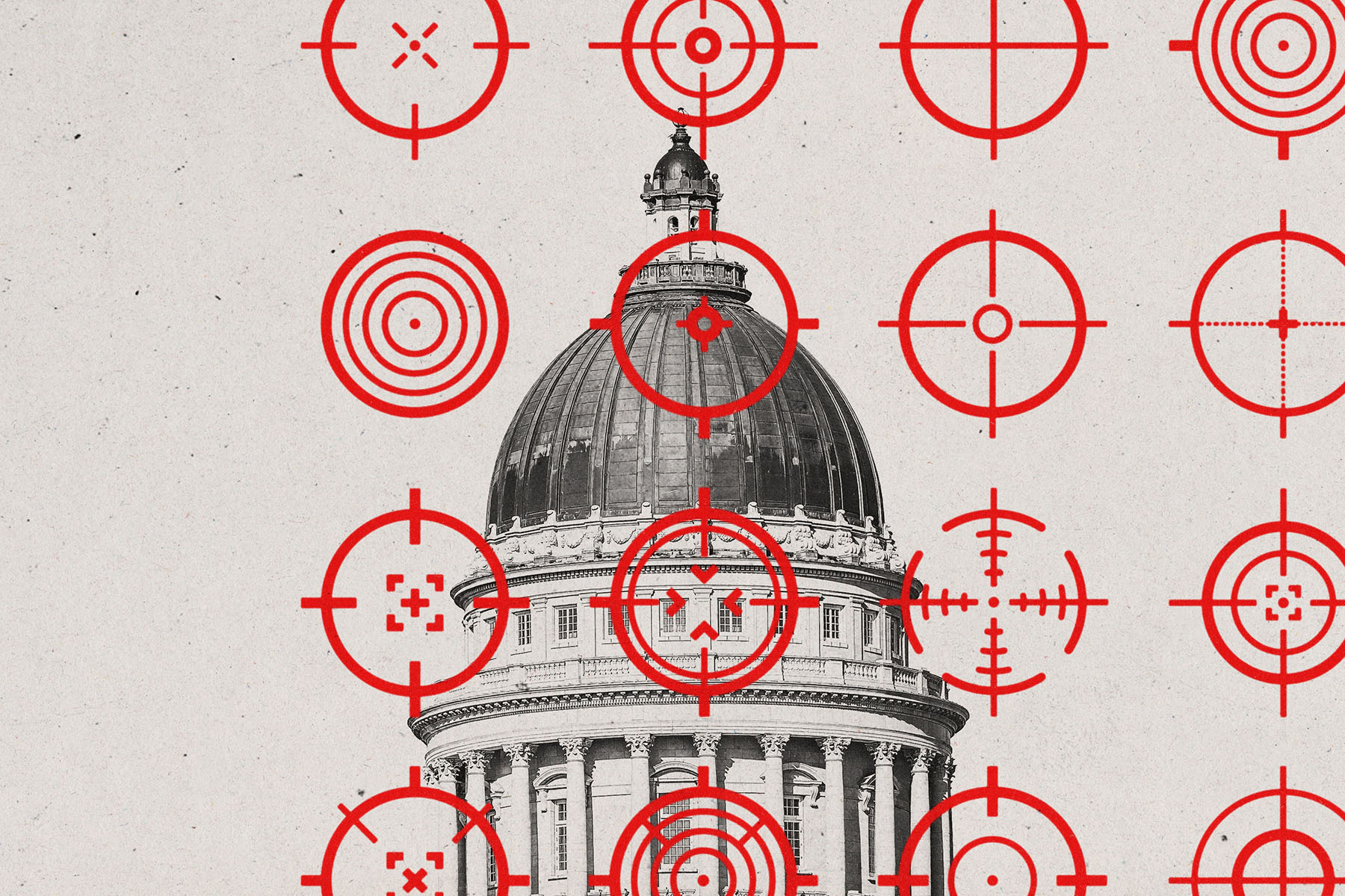 Black and white image of a domed government building, with multiple red target symbols overlaid across the frame.