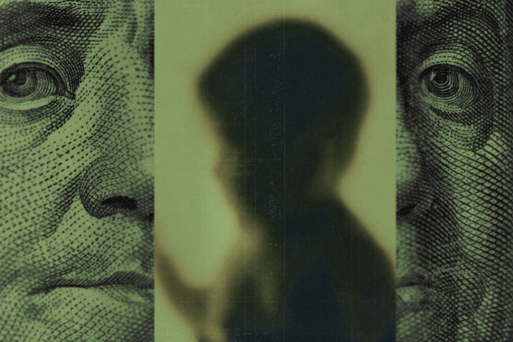Photo collage of a blurry silhouette of a child in the center, flanked on both sides by close-up details of U.S. currency.