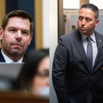 A diptych shows two members of Congress: on the left, Eric Swalwell listening during a hearing; on the right, Tony Gonzales in a suit opening a door as he exits a meeting space.
