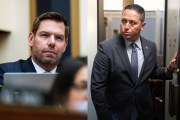 A diptych shows two members of Congress: on the left, Eric Swalwell listening during a hearing; on the right, Tony Gonzales in a suit opening a door as he exits a meeting space.