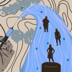 Illustration of a hand holding a syringe that pours a large blue wave across the image, with dark silhouettes of three women of different sizes standing within the wave.