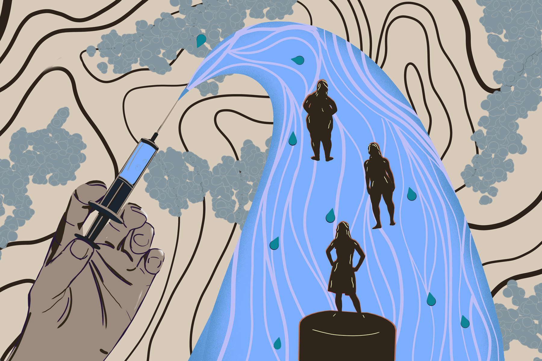 Illustration of a hand holding a syringe that pours a large blue wave across the image, with dark silhouettes of three women of different sizes standing within the wave.
