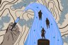 Illustration of a hand holding a syringe that pours a large blue wave across the image, with dark silhouettes of three women of different sizes standing within the wave.
