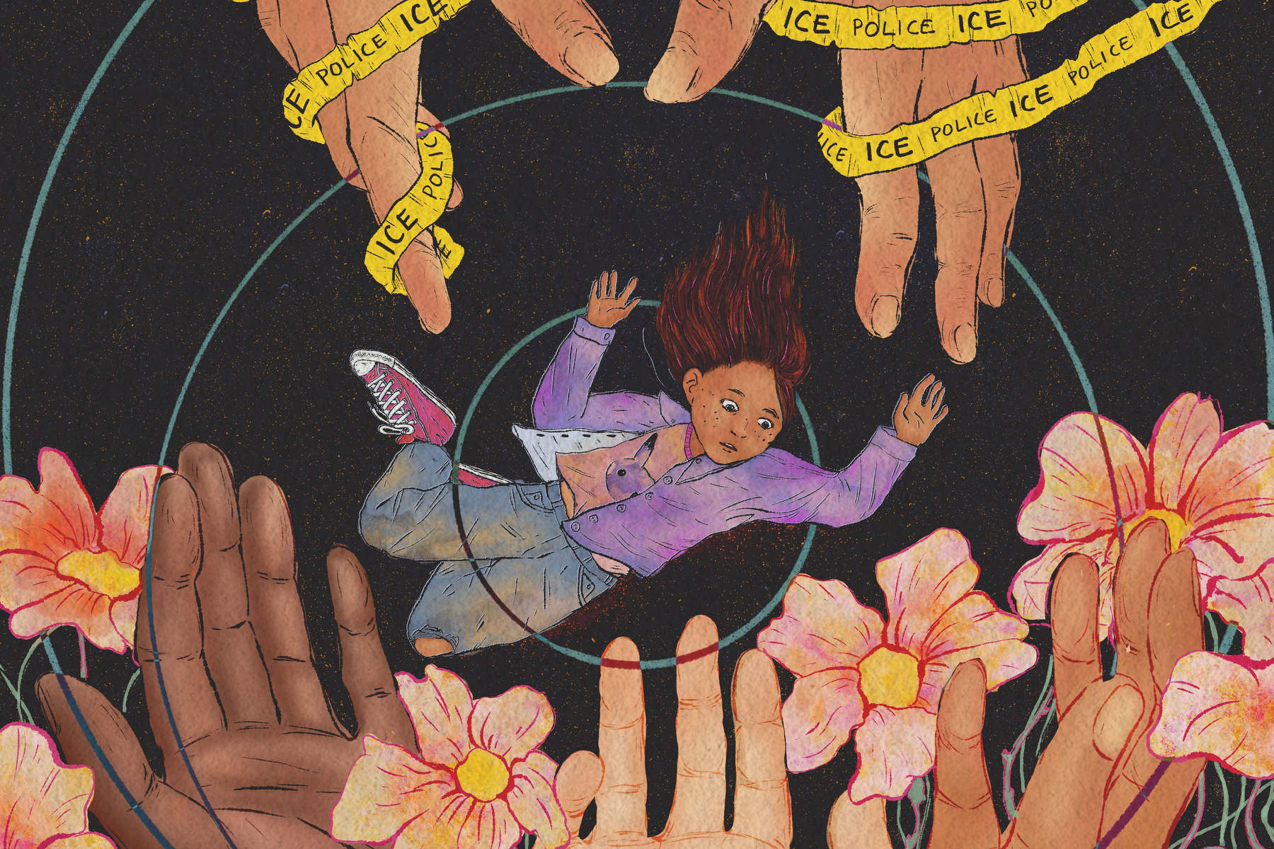 An illustration of a person falling to open hands away from grasping hands wrapped in crime tape that says ICE Police on it.