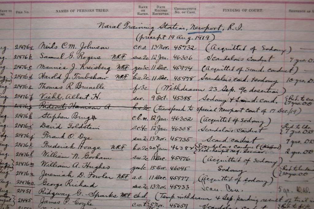 A handwritten court martial ledger page lists sailors’ names alongside charges including “sodomy” and “scandalous conduct,” with dates, case numbers and outcomes under the heading “Naval Training Station, Newport, R.I., 1919.”