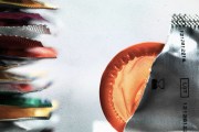 Close-up of a partially opened condom wrapper with an orange condom visible inside; several unopened wrappers are stacked in the blurred background.