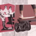 A collage of images of women using vibration plates against a pink backdrop.