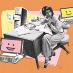 A collage illustration of computers and a woman at a desk on an orange background.