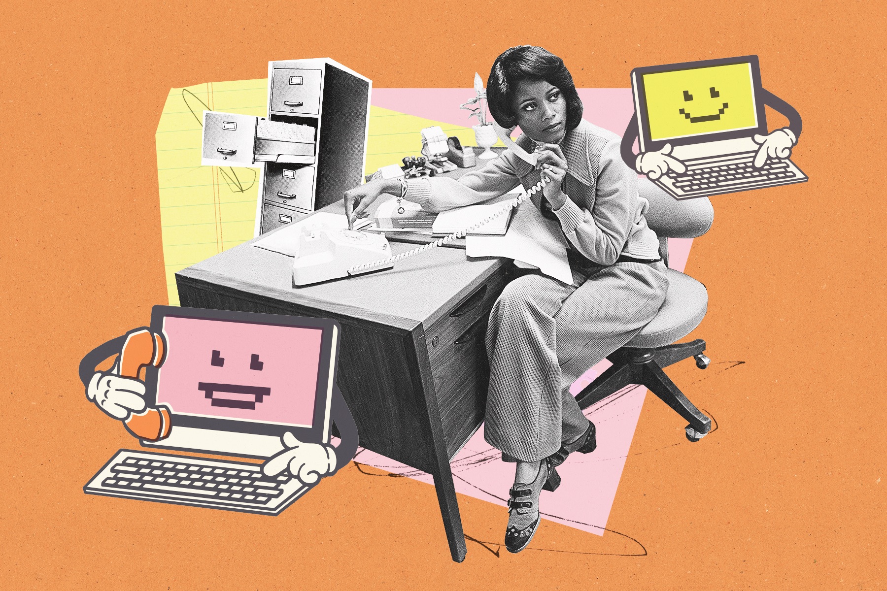 A collage illustration of computers and a woman at a desk on an orange background.