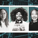 Black and white portraits of three women in a white frame over a dark blue background image of data center cables and equipment.