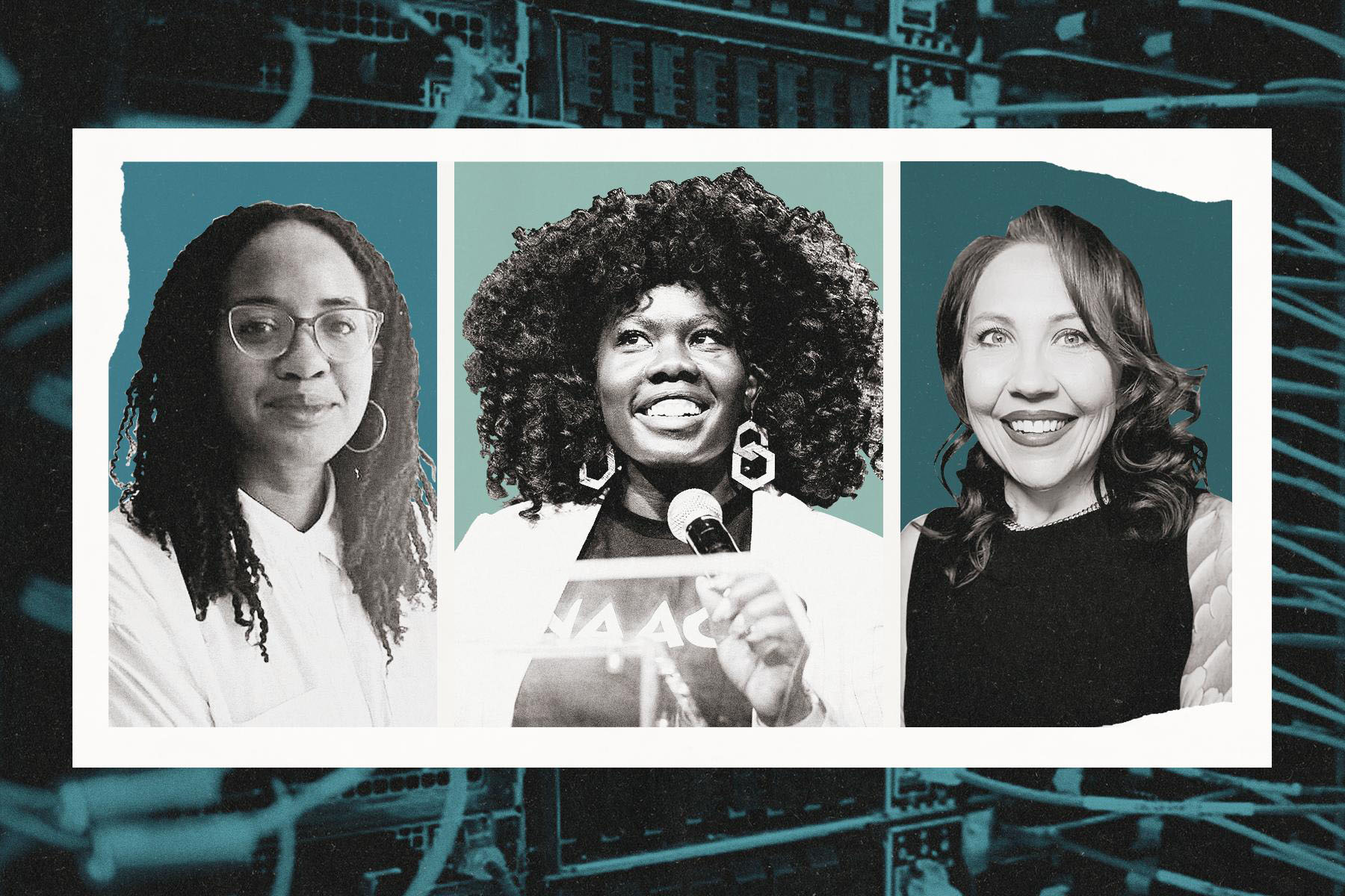 Black and white portraits of three women in a white frame over a dark blue background image of data center cables and equipment.