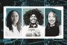Black and white portraits of three women in a white frame over a dark blue background image of data center cables and equipment.