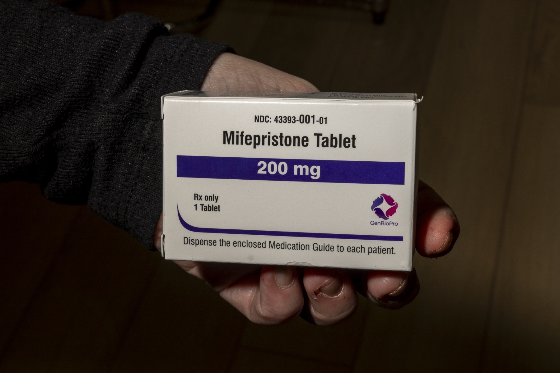 A white box with the label mifepristone tablet, 200 mg