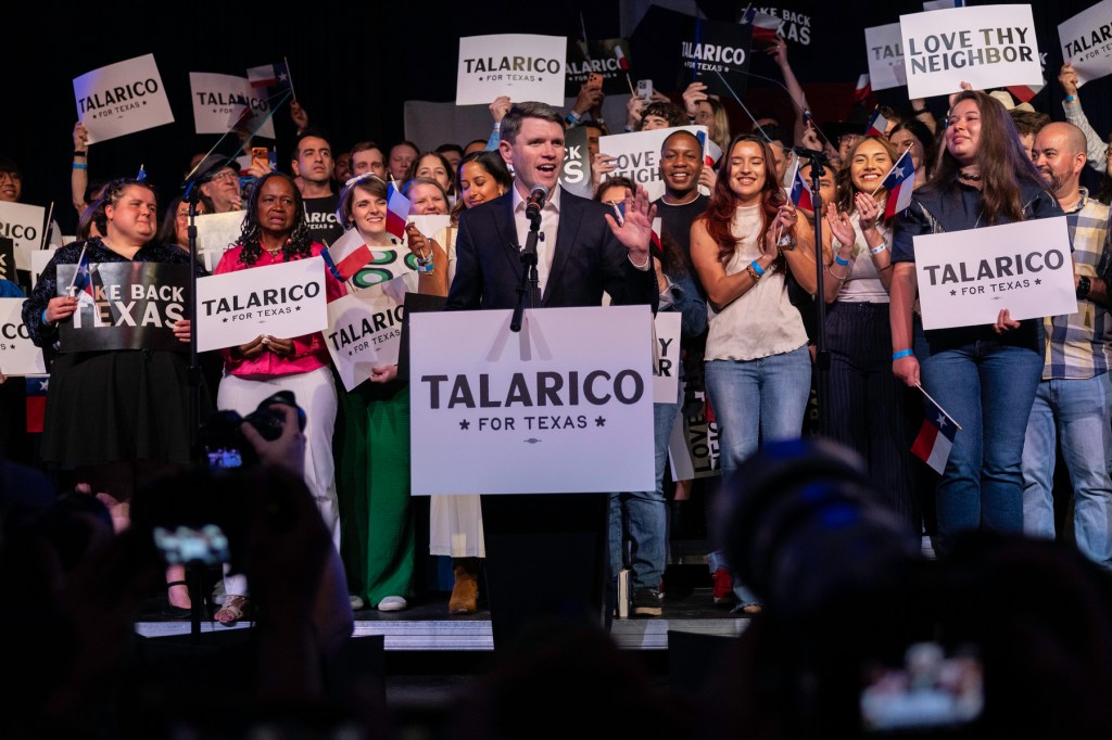 Texas Senate candidate James Talarico addresses a crowd of supporters.