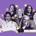 A collage illustration shows six women running for governor arranged against a purple background, with black and white portraits layered over paper textures and scattered yellow stars.