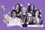 A collage illustration shows six women running for governor arranged against a purple background, with black and white portraits layered over paper textures and scattered yellow stars.