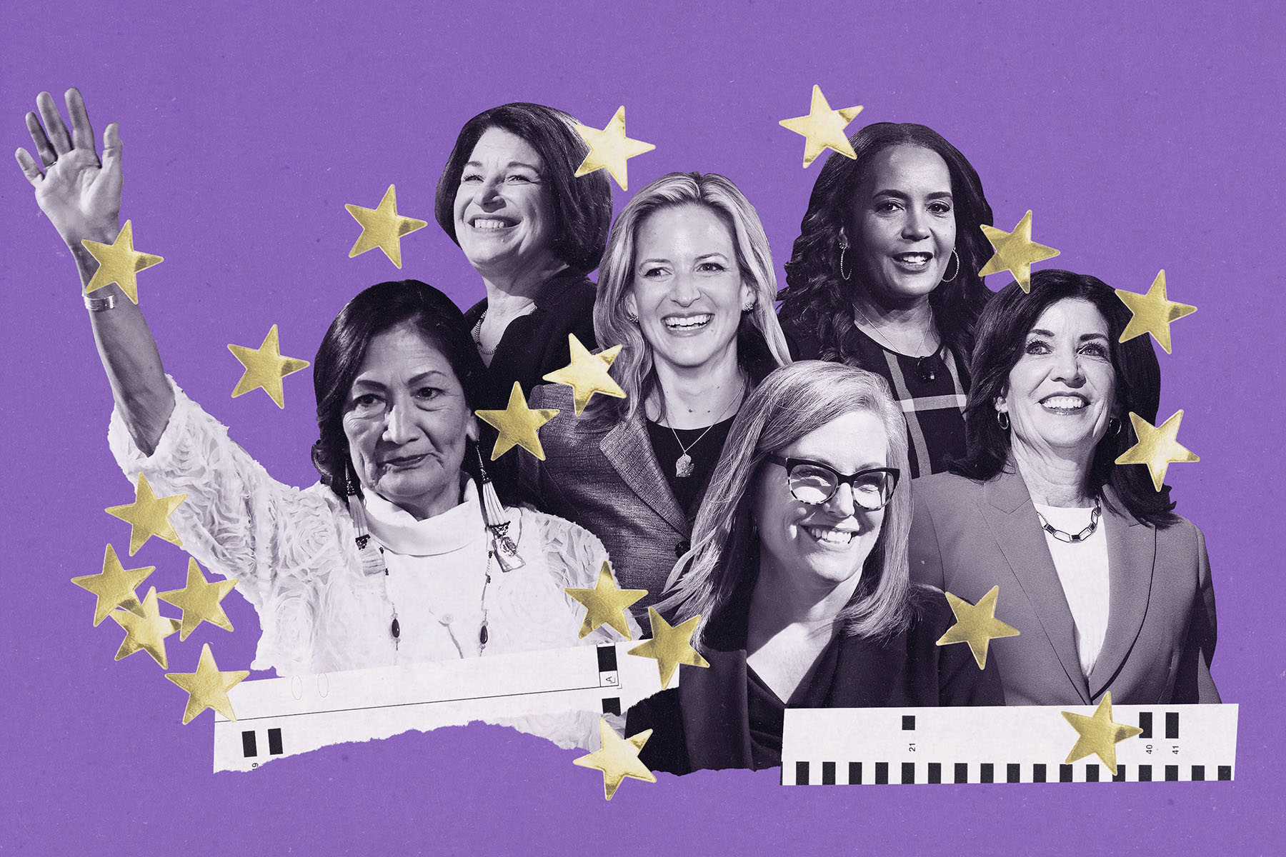 A collage illustration shows six women running for governor arranged against a purple background, with black and white portraits layered over paper textures and scattered yellow stars.