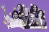 A collage illustration shows six women running for governor arranged against a purple background, with black and white portraits layered over paper textures and scattered yellow stars.
