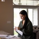 Harmonie Perrone sits at a kitchen counter, opening mail beside a stack of envelopes and papers.