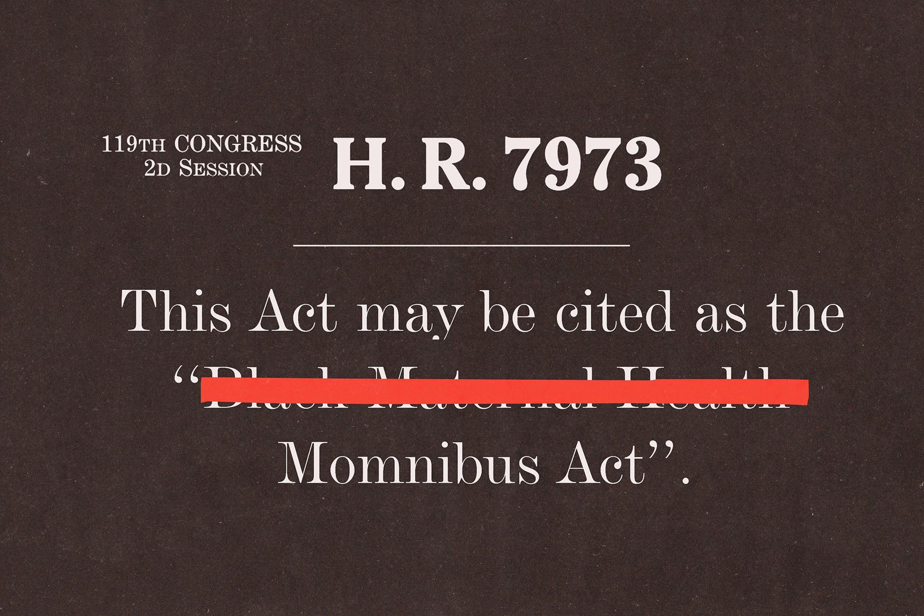 A graphic shows the text “119th Congress 2d Session H.R. 7973” above a cropped excerpt of legislative text reading, “This Act may be cited as the ‘Black Maternal Health Momnibus Act.’” A red bar obscures the words “Black Maternal Health.”